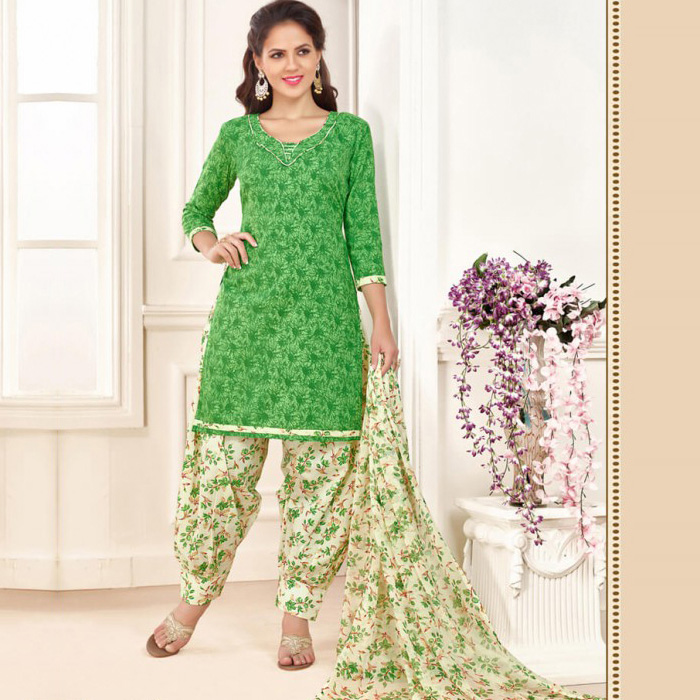 Stupendous White And Green Colored Cotton Salwar Sui